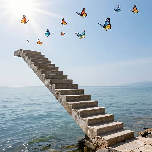 Photograph of a concrete staircase extending into a calm blue sea, with colorful butterflies flying above, under a clear sky.