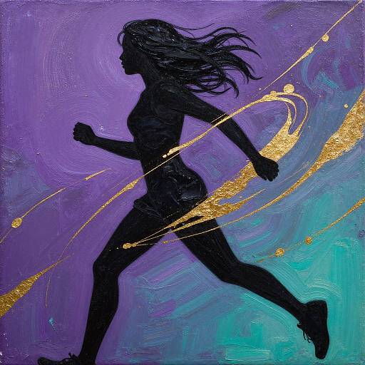 Silhouette of a running woman with flowing hair, golden swirls, and purple-blue background, painted in a vibrant, abstract style.