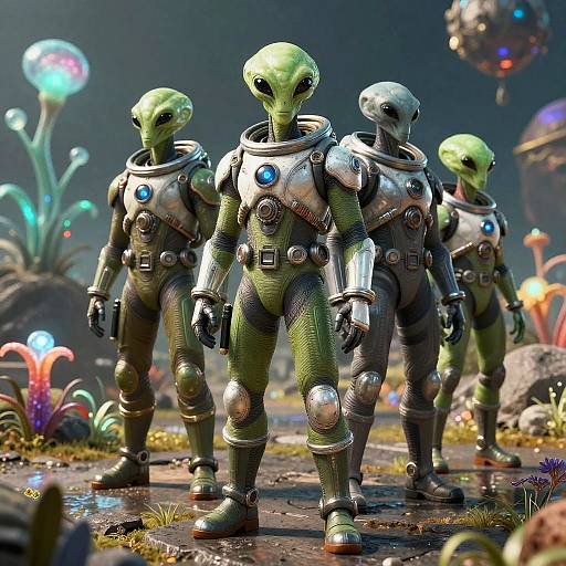 Green Alien Explorers on Distant Planet