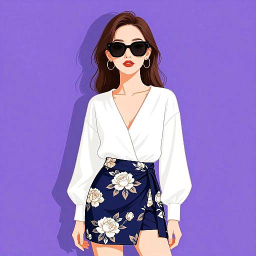 Stylish Woman in White Blouse and Floral Skirt