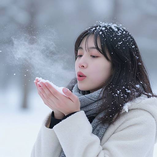 Photograph of an East Asian woman with long black hair, wearing a white coat and gray scarf, blowing on her hands in snow, with snowfl