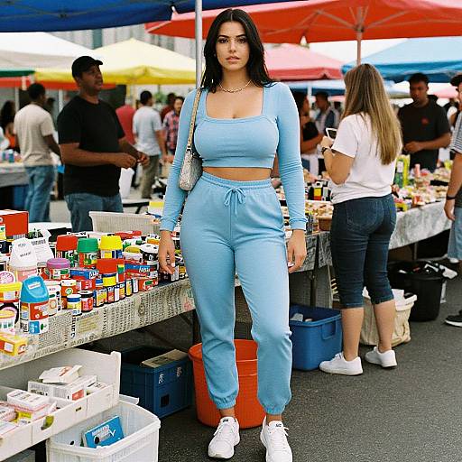 Photograph of a confident woman with long black hair, light blue crop top and matching pants, white sneakers, standing at a colorful outdoor market, surrounded