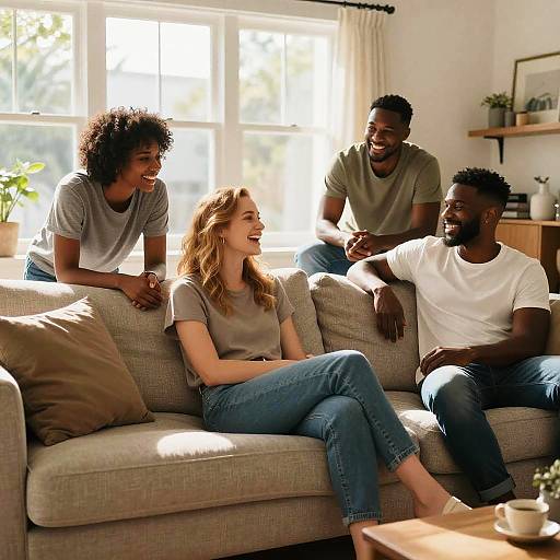 Photograph of four diverse friends laughing on a sunlit beige couch in a cozy living room, wearing casual clothes, with sunlight streaming through large windows.