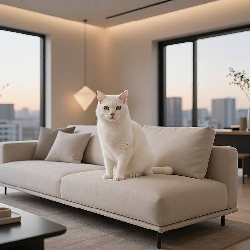 Photograph of a white cat with yellow eyes sitting on a beige modern sofa in a bright, contemporary living room with large windows and city skyline view.