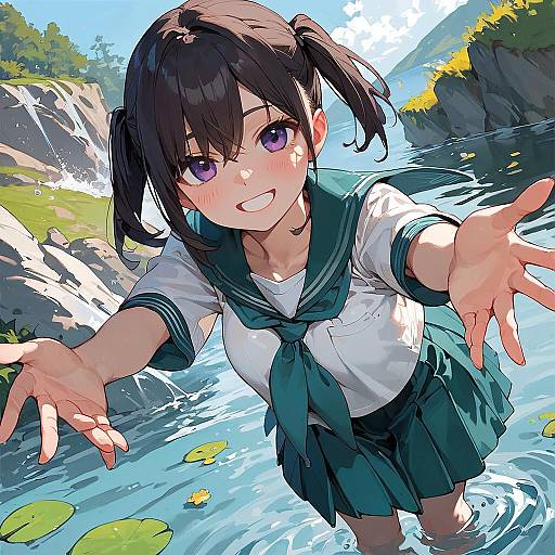 Playful Schoolgirl Wading in River