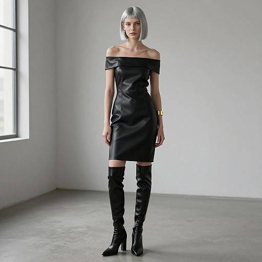 Elegant Woman in Black Leather Off-Shoulder Dress