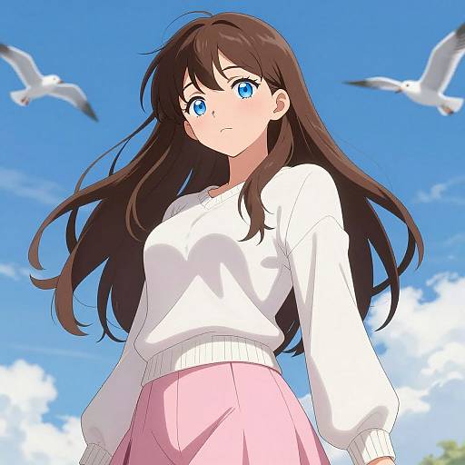 Anime-style digital drawing of a young woman with long brown hair, blue eyes, wearing a white sweater and pink skirt, standing outdoors against a bright blue