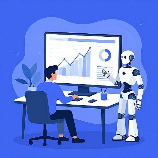Illustration of a man in a blue shirt working at a desk with a computer, interacting with a white robot on a blue background.