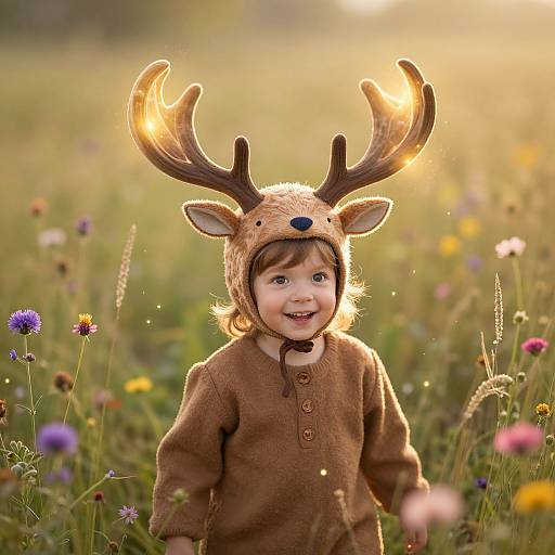 Photograph of a smiling toddler in a brown deer onesie with antlers, standing in a sunlit meadow of colorful wildflowers.