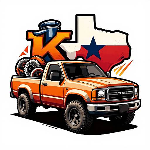 Digital illustration of an orange, lifted Toyota pickup truck with large tires, a Texas flag, and an orange gear behind it. Bold, colorful, and
