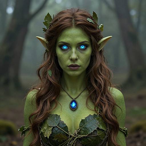 Digital art of a green-skinned, elf-like woman with glowing blue eyes, long red hair, leafy crown, and necklace, standing in a