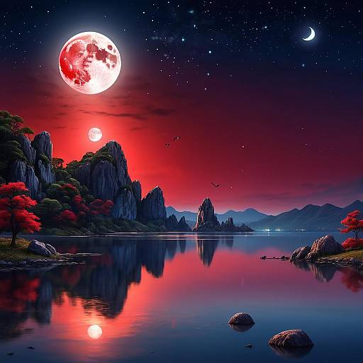 Serene Night with Full Red Moon Reflection