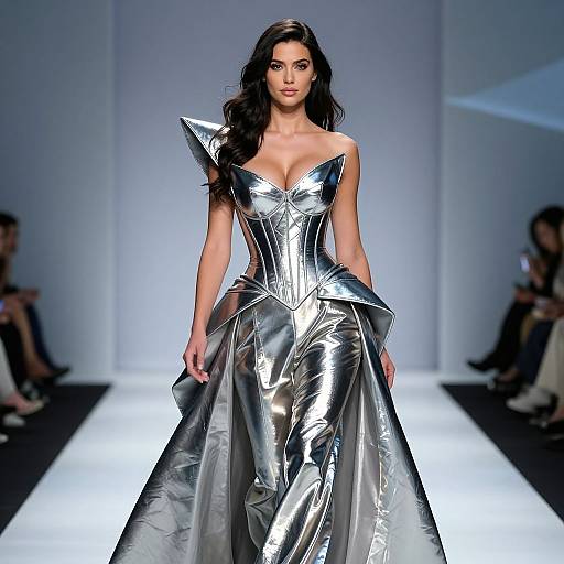 Photograph of a dark-haired model in a shiny silver, strapless, corseted gown with dramatic, geometric shoulder details, walking down a bright