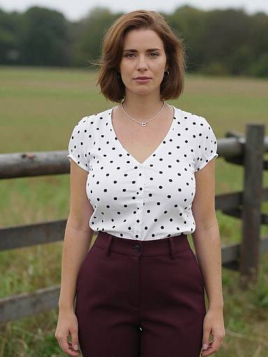 Photograph of a Caucasian woman with short brown hair, wearing a white polka dot blouse and maroon pants, standing in a grassy field with