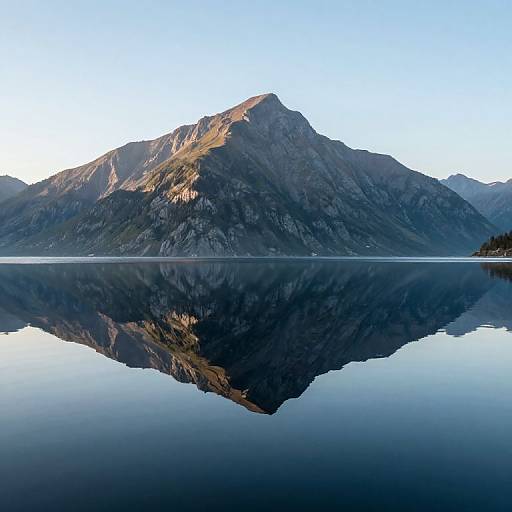 Photograph of a serene lake reflecting a rugged, sunlit mountain peak under a clear blue sky, creating a mirror-like effect.