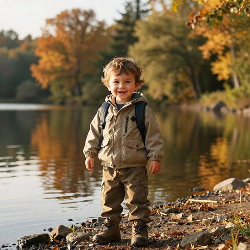 Photograph of a curly-haired toddler in a beige outdoor jacket and brown pants, smiling by a calm lake with autumn foliage.