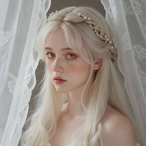 Digital art of a pale, ethereal young woman with long, braided platinum blonde hair, amber eyes, and delicate lace curtains in the background.