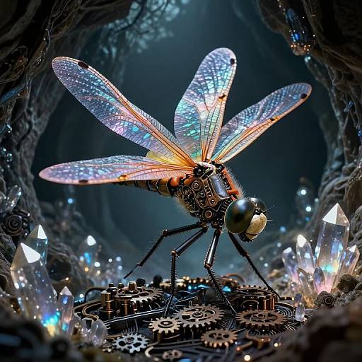 Photorealistic CGI of a glowing, mechanical dragonfly with iridescent wings, standing on brass gears amidst sparkling crystals in a dark, mystical forest