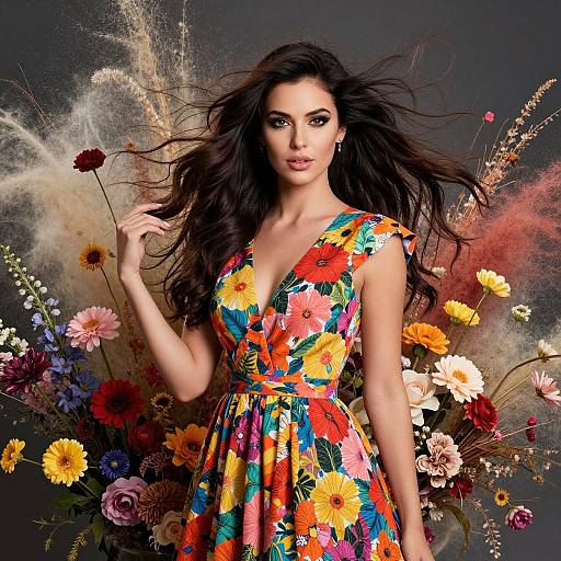 Photograph of a beautiful woman with long dark hair, wearing a colorful floral dress, standing amid vibrant flowers and abstract smoke-like background.