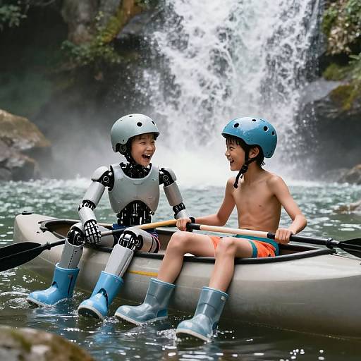 Laughing boy and cyborg in canoe by waterfall