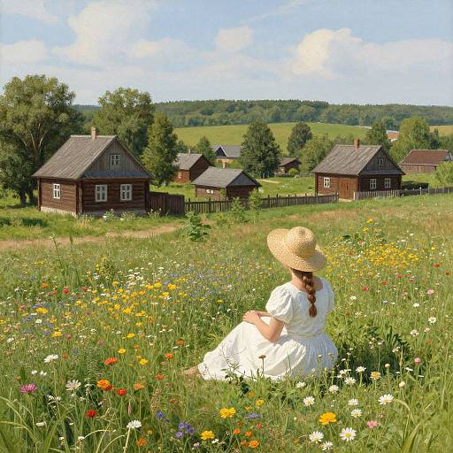 Photograph of a woman in a white dress and straw hat, sitting in a colorful wildflower meadow, facing rustic wooden houses under a bright blue