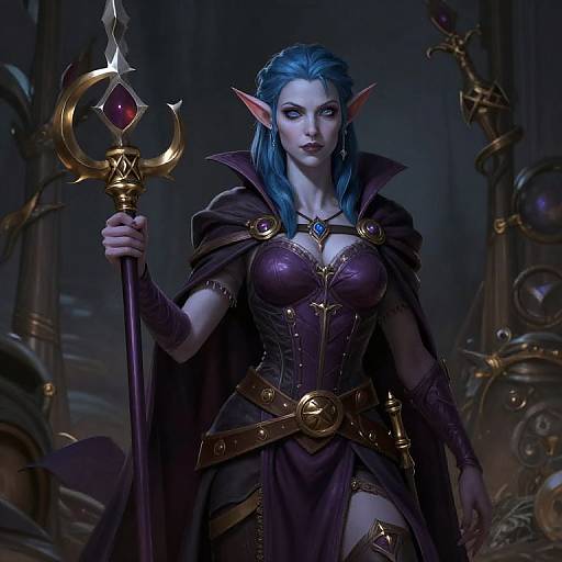 Digital fantasy artwork of a blue-haired, elf woman with pointed ears, wearing a purple, gold-embellished dress and holding a staff with a