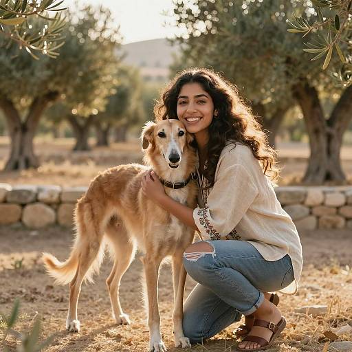 Young Woman Hugging Saluki Dog in Olive Grove