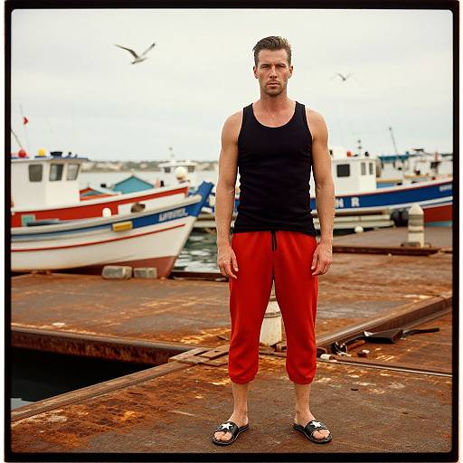 Photograph of a muscular, fair-skinned man with short brown hair, wearing a black tank top, red capri pants, and black sandals,