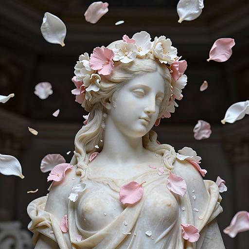 Photograph of a white marble statue of a serene woman with flowing hair, wearing a flower crown and draped cloth, surrounded by floating pink petals.