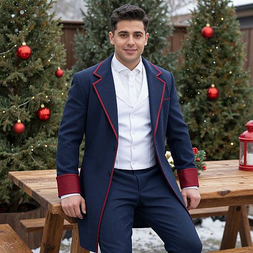 Photograph of a handsome man with dark hair, wearing a navy suit with red trim, white shirt, standing by wooden tables, Christmas trees with red