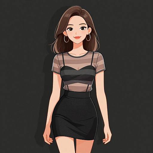 Digital anime-style drawing of a smiling woman with brown hair, wearing a sheer black top and black skirt, against a dark background.
