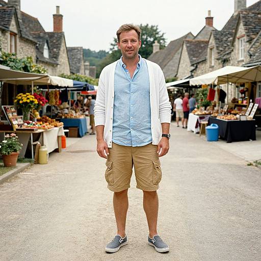 Photograph of a smiling, bearded man in a light blue shirt, beige shorts, white cardigan, and gray sneakers standing in a vibrant,