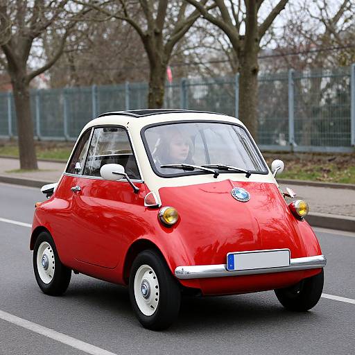 Photograph of a small, bright red, vintage-style car with white roof driving on a city street, trees and a fence in background. Driver visible