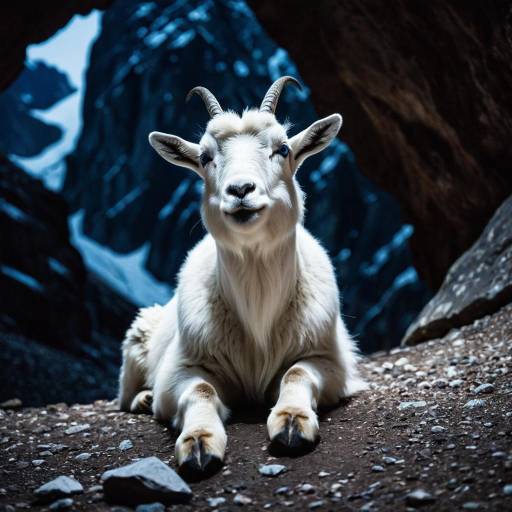 Mountain Goat with Blue Eyes Sitting by Cave Entrance