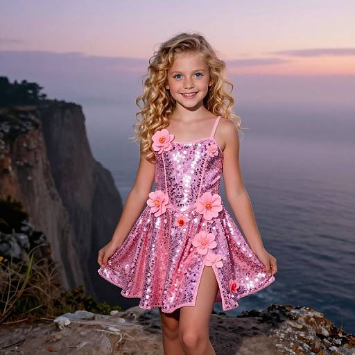 Photograph of a smiling blonde girl with curly hair wearing a pink sequined dress with pink flower embellishments, standing on a rocky cliff at sunset,