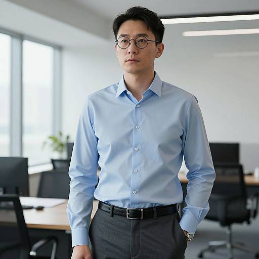 Photograph of an Asian man with short black hair, glasses, light blue shirt, black pants, standing in a modern, bright office.