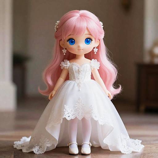 Photograph of a doll with long pink hair, blue eyes, wearing a white lace wedding dress, white stockings, and white shoes, standing in a