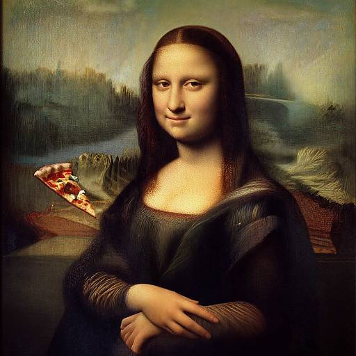 Mona Lisa holding a slice of pizza, digital parody of Leonardo da Vinci's 