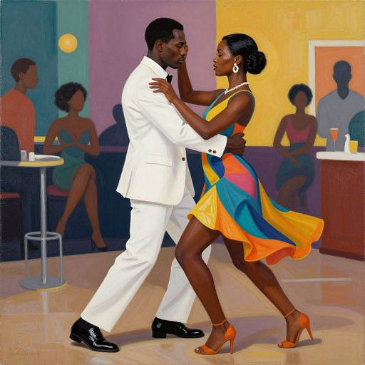 Painting of a Black couple dancing in a colorful room; man in white suit, woman in orange and blue dress, elegant poses.