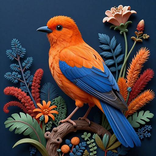 Digital artwork of a vibrant orange and blue bird perched on a branch, surrounded by colorful flowers and foliage against a dark blue background.