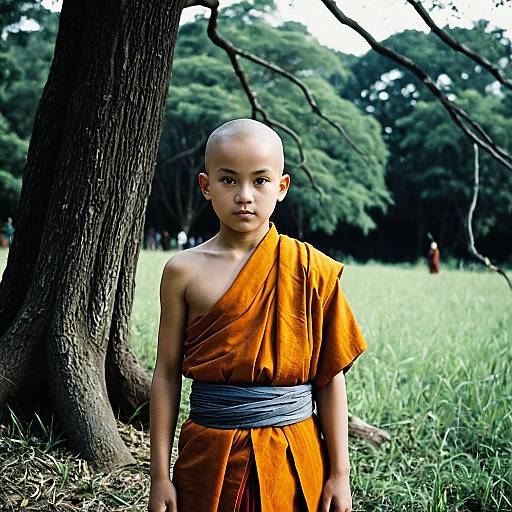 Young Buddhist Monk in Orange Robe Outdoors