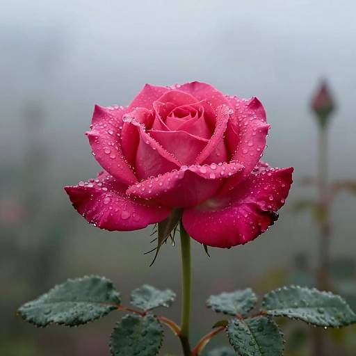 Photograph of a vibrant pink rose covered in dewdrops, with blurred green leaves and stems in the background.