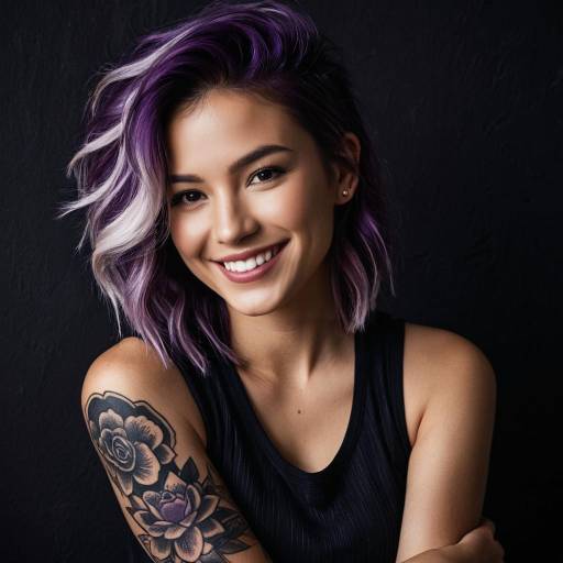 Smiling Young Woman with Purple Hair and Tattoo