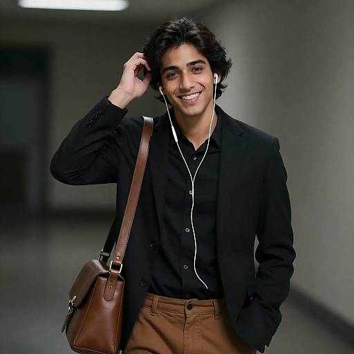 Smiling Young Man in Blazer with Earphones