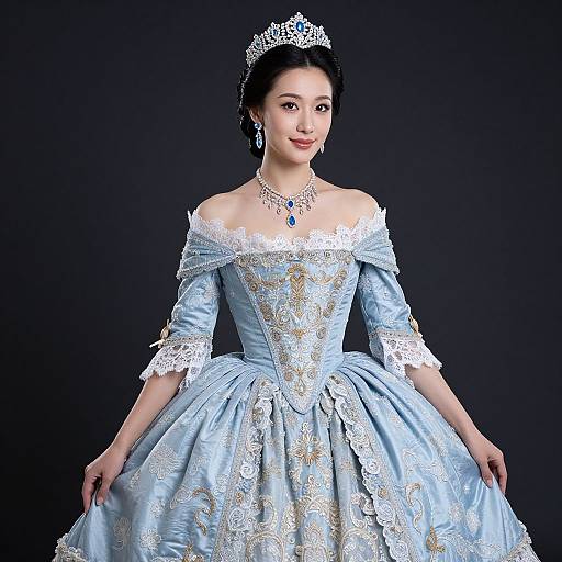 Photograph of an Asian woman in a Victorian-style light blue satin dress with white lace, off-shoulder, wearing a silver tiara and necklace