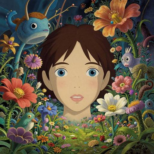 Vibrant digital illustration of a wide-eyed, brown-haired child amidst colorful flowers, surrounded by whimsical blue creatures in a magical forest.