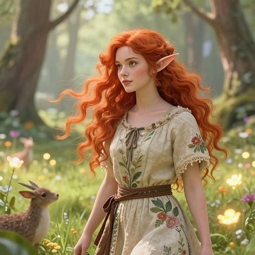 Digital illustration of a red-haired, elf-eared woman with long wavy hair, wearing a floral dress, walking in a sunlit forest meadow