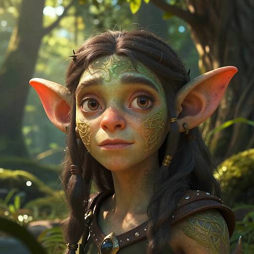 CGI image of an elf girl with large ears, green facial markings, dark braided hair, and forest attire, looking intently forward. Sun
