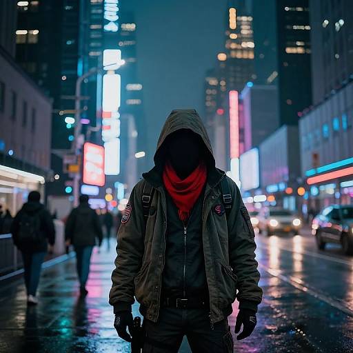 Photograph of a hooded figure in a dark parka with red scarf, standing in a rainy, neon-lit urban street at night.
