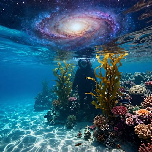 Photograph of underwater scene: vibrant coral, yellow seaweed, glowing galaxy, and sun above, illuminated by sunlight filtering through the water.